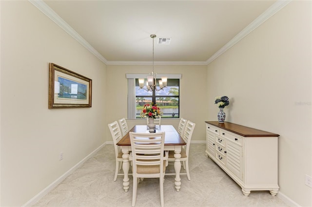 6756 Chester Trl, Lakewood Ranch, FL 34202 - dining room featuring crown molding, a chandelier, baseboards, and light tile patterned flooring