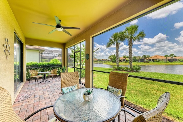 6756 Chester Trl, Lakewood Ranch, FL 34202 - sunroom / solarium with a water view, ceiling fan, and outdoor dining area