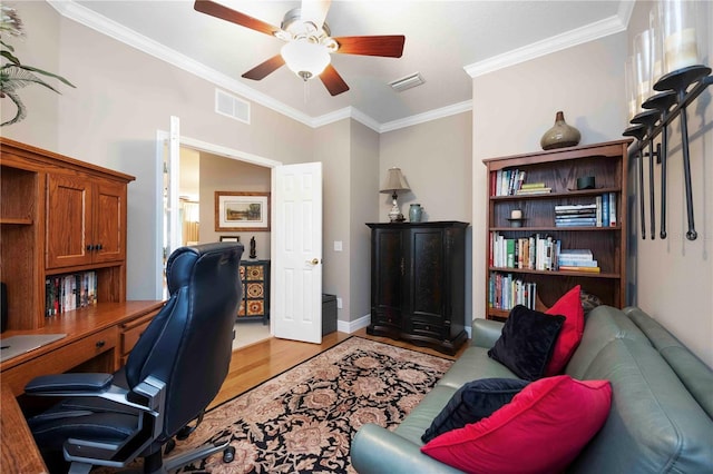 8224 Simpson Falls Ct Unit 8224, Sarasota, FL 34243 - office with light wood-style floors, ornamental molding, a ceiling fan, and baseboards