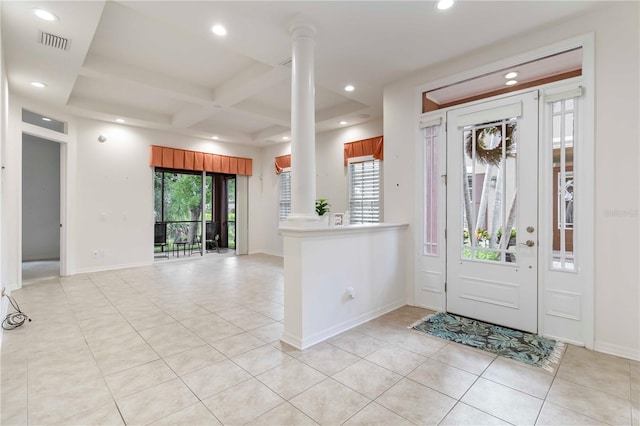7314 Hamilton Rd, Bradenton, FL 34209 - entrance foyer featuring decorative columns, light tile patterned floors, recessed lighting, coffered ceiling, and beamed ceiling