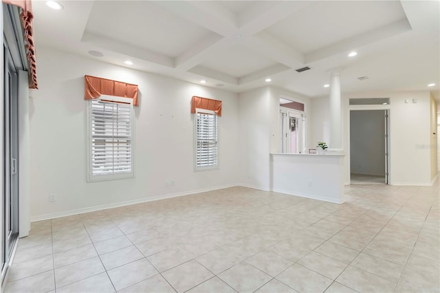 7314 Hamilton Rd, Bradenton, FL 34209 - empty room with coffered ceiling, recessed lighting, light tile patterned floors, and beam ceiling