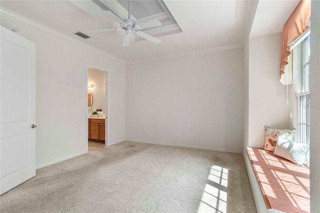 7314 Hamilton Rd, Bradenton, FL 34209 - unfurnished bedroom with ornamental molding, light colored carpet, ensuite bathroom, and ceiling fan