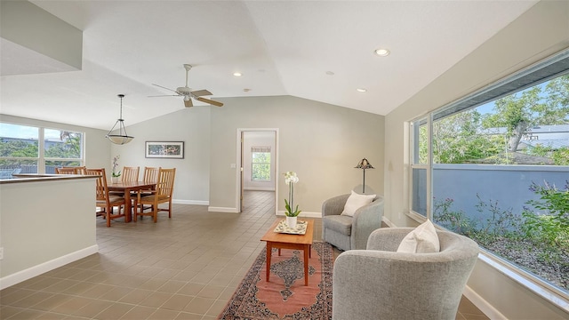 4771 Riverwood Cir, Sarasota, FL 34231 - tiled living area featuring lofted ceiling, ceiling fan, and recessed lighting