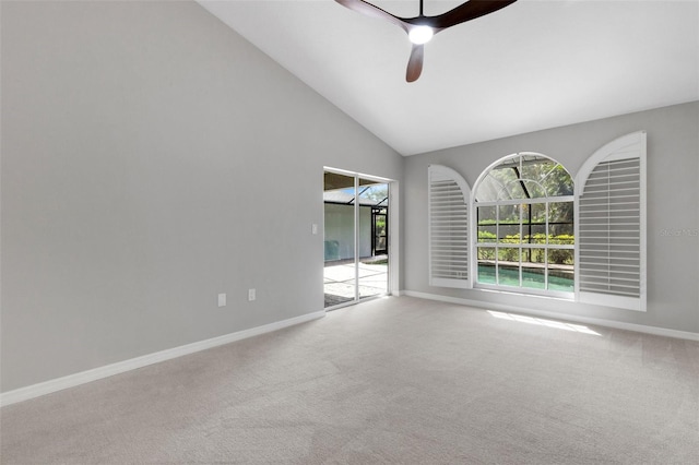 4473 Diamond Cir S, Sarasota, FL 34233 - empty room with carpet floors, baseboards, ceiling fan, and vaulted ceiling