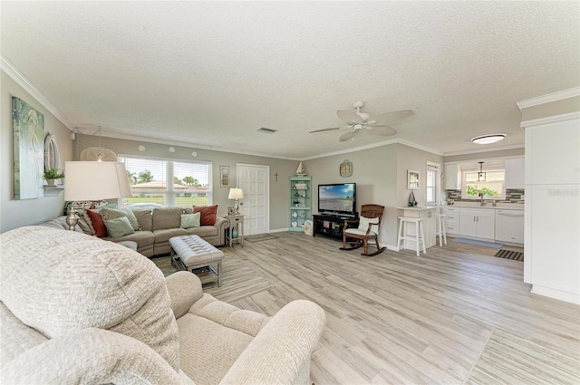 3213 Mercer Rd, Bradenton, FL 34207 - living room with crown molding, a ceiling fan, a textured ceiling, healthy amount of natural light, and light wood-style flooring