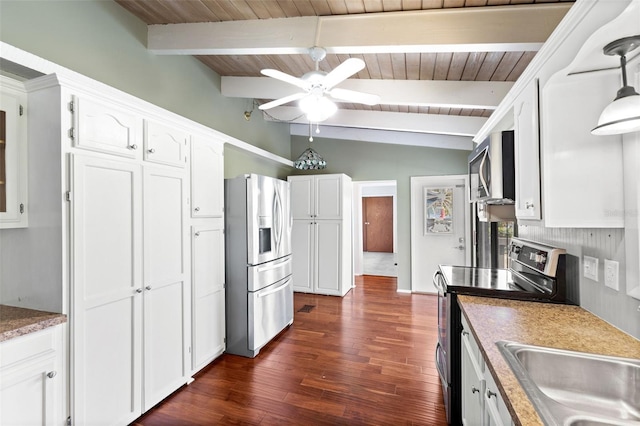 6406 Lincoln Rd, Bradenton, FL 34203 - kitchen featuring stainless steel appliances, dark wood-style floors, white cabinetry, a ceiling fan, and wooden ceiling