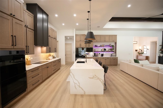 6713 Taneytown St, North Port, FL 34291 - kitchen featuring black appliances, a sink, decorative backsplash, light wood finished floors, and recessed lighting