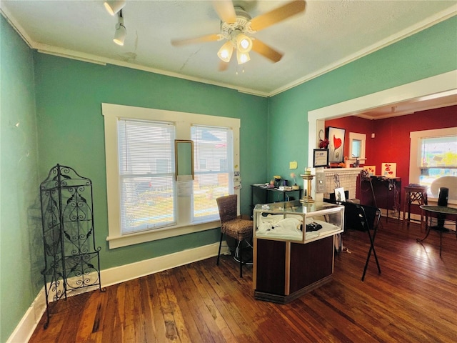 1019 10th Ave W, Bradenton, FL 34205 - home office with crown molding, hardwood / wood-style flooring, a ceiling fan, and baseboards