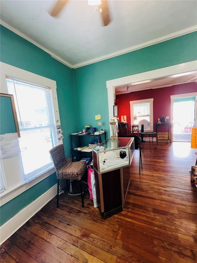 1019 10th Ave W, Bradenton, FL 34205 - office area featuring wood-type flooring, ornamental molding, a ceiling fan, and baseboards