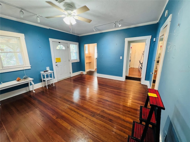 1019 10th Ave W, Bradenton, FL 34205 - foyer entrance featuring rail lighting, ceiling fan, hardwood / wood-style flooring, and crown molding
