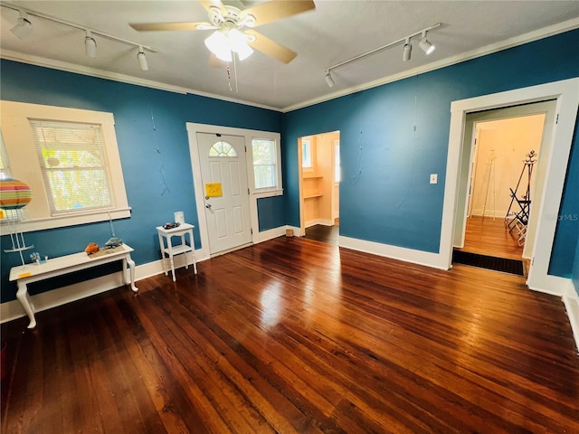 1019 10th Ave W, Bradenton, FL 34205 - entryway with rail lighting, ceiling fan, hardwood / wood-style flooring, ornamental molding, and baseboards