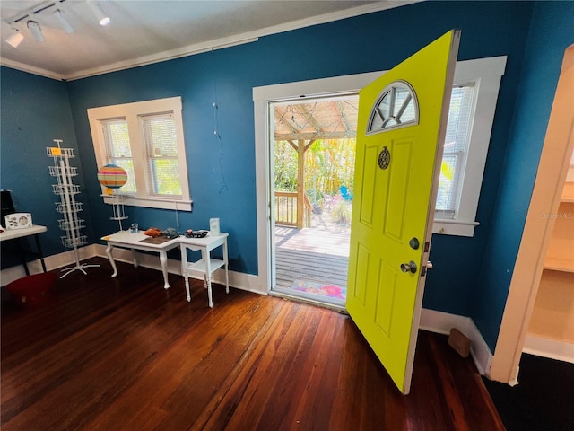 1019 10th Ave W, Bradenton, FL 34205 - entrance foyer with wood finished floors, crown molding, healthy amount of natural light, rail lighting, and baseboards