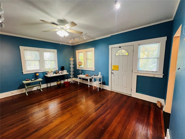 1019 10th Ave W, Bradenton, FL 34205 - office area featuring track lighting, a ceiling fan, hardwood / wood-style flooring, ornamental molding, and baseboards