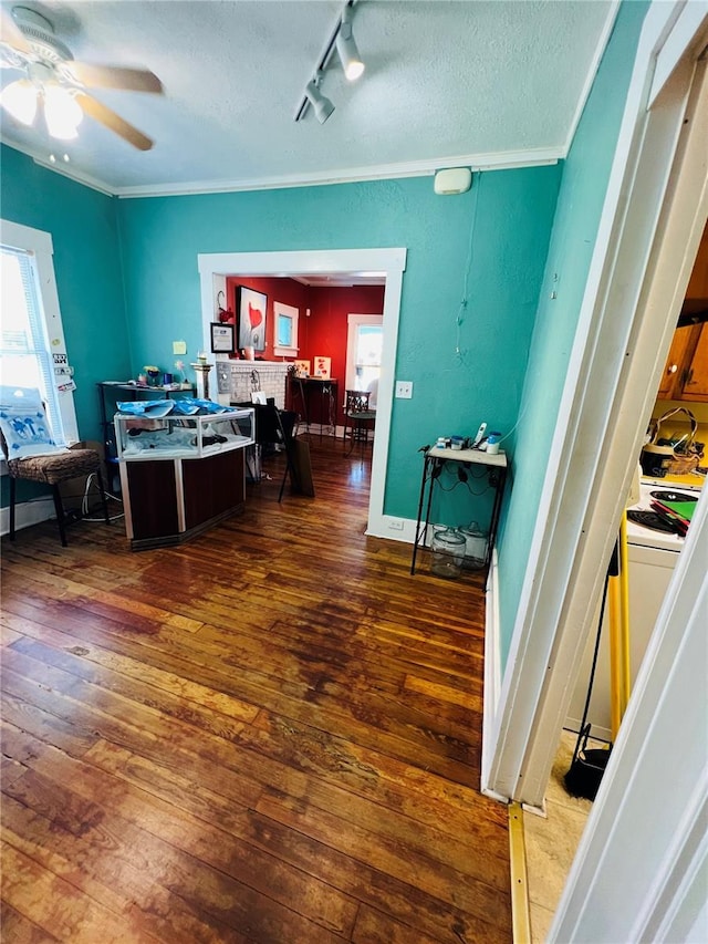 1019 10th Ave W, Bradenton, FL 34205 - office with hardwood / wood-style floors, ceiling fan, crown molding, track lighting, and a textured ceiling