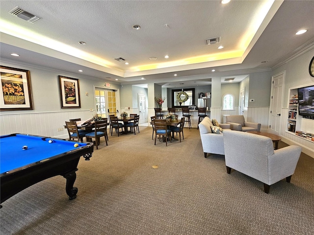5711 Bentgrass Dr Unit 19-203, Sarasota, FL 34235 - playroom featuring a raised ceiling, carpet, a wainscoted wall, billiards table, and recessed lighting