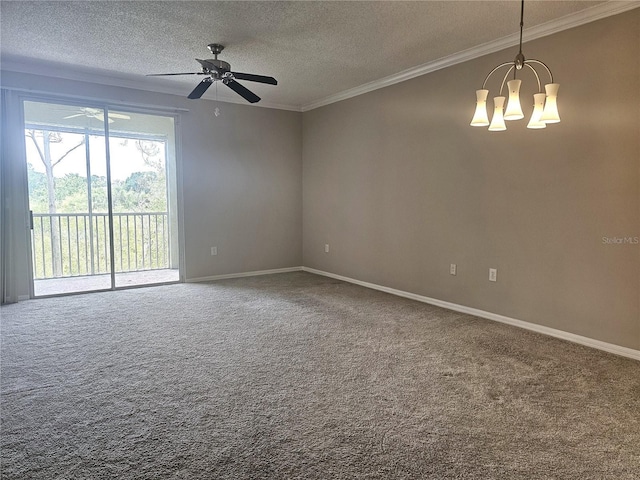 5711 Bentgrass Dr Unit 19-203, Sarasota, FL 34235 - spare room featuring a textured ceiling, a chandelier, carpet, ceiling fan, and crown molding