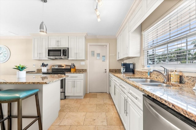 1723 Laramie St, Sarasota, FL 34231 - kitchen with appliances with stainless steel finishes, a sink, ornamental molding, white cabinetry, and pendant lighting