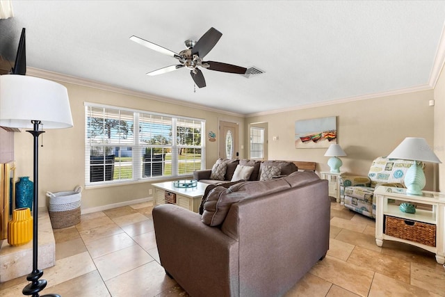 1723 Laramie St, Sarasota, FL 34231 - living room featuring ornamental molding, a ceiling fan, baseboards, and light tile patterned floors