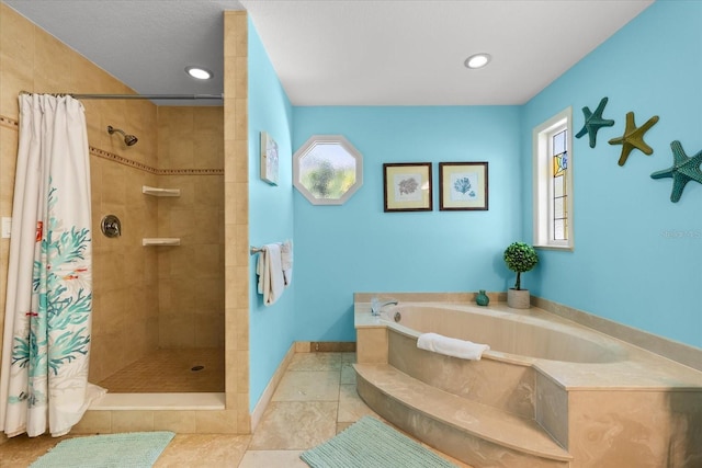 1723 Laramie St, Sarasota, FL 34231 - bathroom with a garden tub, a tile shower, baseboards, recessed lighting, and tile patterned flooring