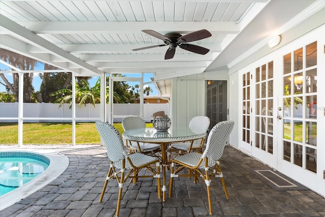 1723 Laramie St, Sarasota, FL 34231 - sunroom / solarium with french doors, ceiling fan, and beamed ceiling