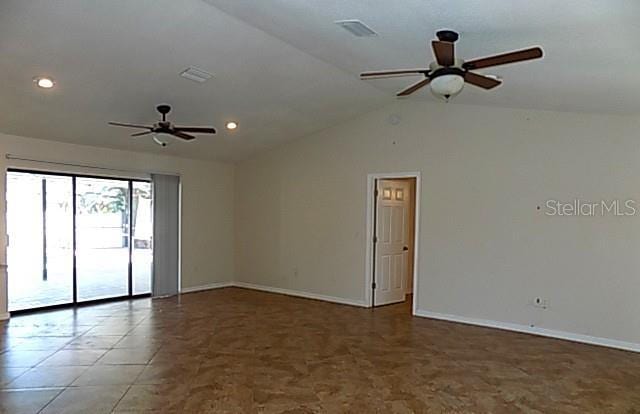 408 Fletcher St, Port Charlotte, FL 33954 - unfurnished room featuring ceiling fan, baseboards, vaulted ceiling, and recessed lighting
