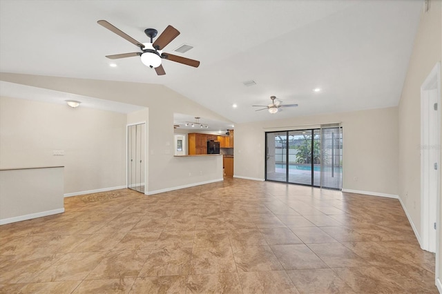 408 Fletcher St, Port Charlotte, FL 33954 - unfurnished living room featuring a ceiling fan, lofted ceiling, and baseboards
