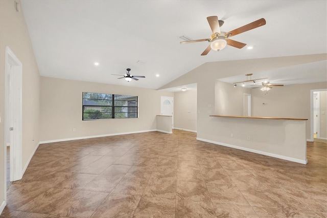 408 Fletcher St, Port Charlotte, FL 33954 - unfurnished living room with lofted ceiling, a ceiling fan, and baseboards