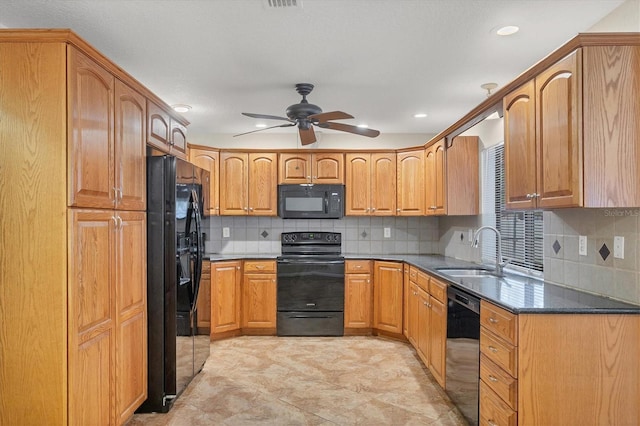 408 Fletcher St, Port Charlotte, FL 33954 - kitchen featuring black appliances, a sink, a ceiling fan, tasteful backsplash, and recessed lighting