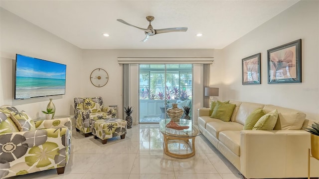 1838 Restful Dr Unit K-1, Bradenton, FL 34207 - living area with recessed lighting, a ceiling fan, and light marble finish flooring