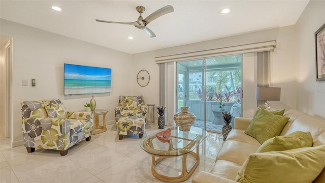 1838 Restful Dr Unit K-1, Bradenton, FL 34207 - living area with recessed lighting, ceiling fan, marble finish floors, and baseboards