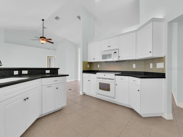 3616 SE 8th Pl, Cape Coral, FL 33904 - kitchen with white appliances, light tile patterned floors, ceiling fan, backsplash, and a sink