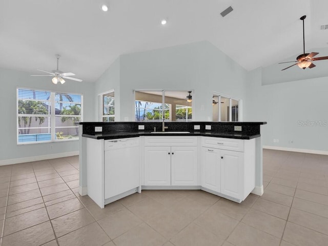 3616 SE 8th Pl, Cape Coral, FL 33904 - kitchen with dishwasher, a ceiling fan, a sink, vaulted ceiling, and recessed lighting