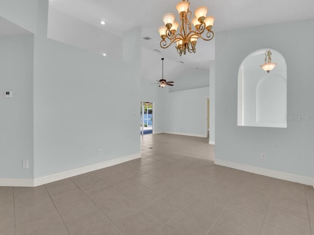 3616 SE 8th Pl, Cape Coral, FL 33904 - tiled empty room with a chandelier, baseboards, ceiling fan, high vaulted ceiling, and arched walkways