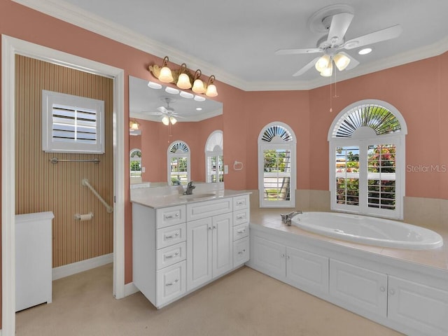 3616 SE 8th Pl, Cape Coral, FL 33904 - full bath featuring a ceiling fan, vanity, a bath, and crown molding