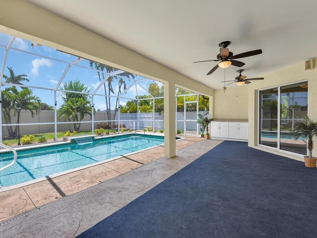 3616 SE 8th Pl, Cape Coral, FL 33904 - view of pool with a fenced backyard, a patio, a ceiling fan, and a lanai