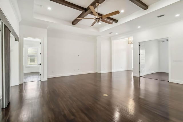 1015 143rd St NE, Bradenton, FL 34212 - unfurnished living room with ceiling fan, dark wood-type flooring, coffered ceiling, beam ceiling, and baseboards
