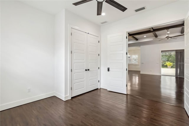 1015 143rd St NE, Bradenton, FL 34212 - unfurnished bedroom with wood finished floors, baseboards, beamed ceiling, recessed lighting, and a ceiling fan