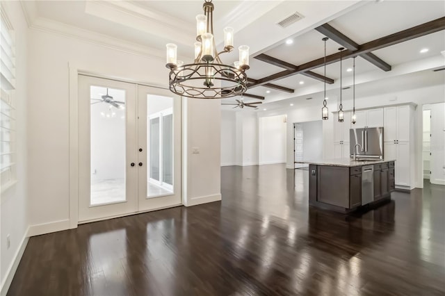 1015 143rd St NE, Bradenton, FL 34212 - kitchen featuring french doors, appliances with stainless steel finishes, a chandelier, open floor plan, and dark wood finished floors