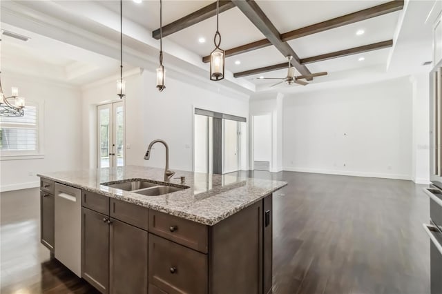 1015 143rd St NE, Bradenton, FL 34212 - kitchen with a sink, dishwasher, coffered ceiling, dark brown cabinets, and french doors