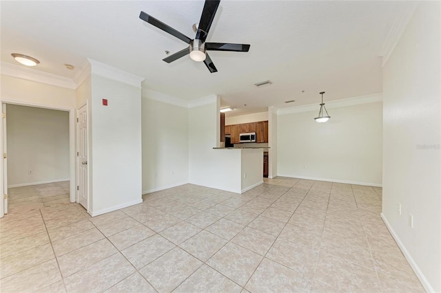 4802 51st St W Unit 808, Bradenton, FL 34210 - unfurnished living room with ornamental molding, a ceiling fan, light tile patterned floors, and baseboards