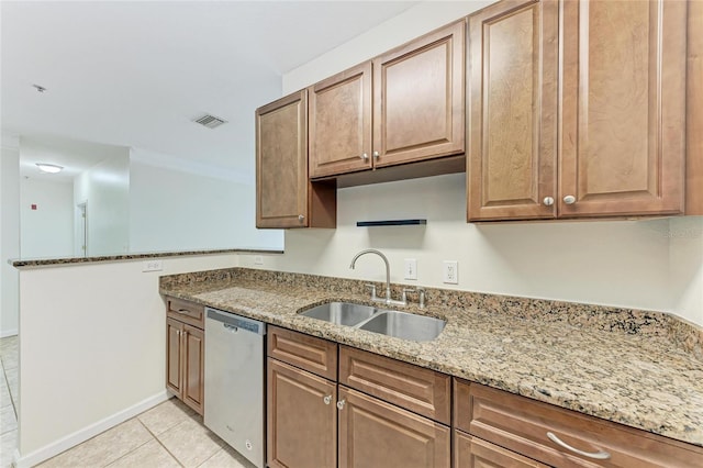 4802 51st St W Unit 808, Bradenton, FL 34210 - kitchen with dishwasher, a sink, light tile patterned flooring, light stone countertops, and baseboards