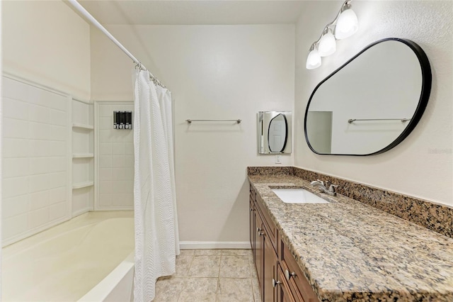 4802 51st St W Unit 808, Bradenton, FL 34210 - bathroom with vanity, tile patterned flooring, shower / tub combo with curtain, and baseboards