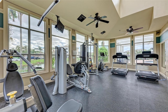 4802 51st St W Unit 808, Bradenton, FL 34210 - exercise room with a ceiling fan, baseboards, and plenty of natural light