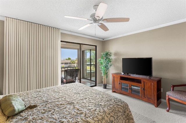 4210 SE 20th Pl Unit A8, Cape Coral, FL 33904 - carpeted bedroom featuring access to exterior, crown molding, a textured ceiling, and ceiling fan