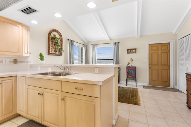 4210 SE 20th Pl Unit A8, Cape Coral, FL 33904 - kitchen featuring light brown cabinets, a peninsula, light tile patterned floors, light countertops, and recessed lighting