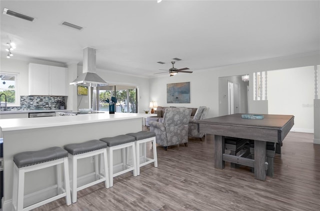 3861 N Ringdove Pt, Crystal River, FL 34428 - kitchen with island range hood, white cabinetry, a kitchen breakfast bar, light countertops, and a sink