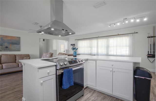 3861 N Ringdove Pt, Crystal River, FL 34428 - kitchen featuring stainless steel range with electric stovetop, island exhaust hood, open floor plan, light wood finished floors, and healthy amount of natural light