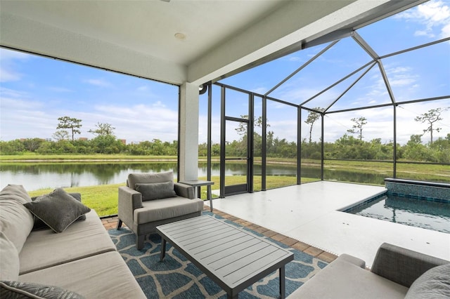 5240 Bentgrass Way, Bradenton, FL 34211 - view of patio / terrace with a water view, outdoor lounge area, an outdoor pool, and glass enclosure