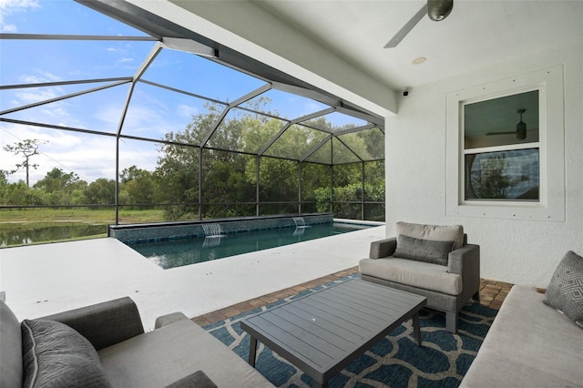 5240 Bentgrass Way, Bradenton, FL 34211 - view of patio / terrace with an outdoor pool, an outdoor living space, ceiling fan, and a lanai