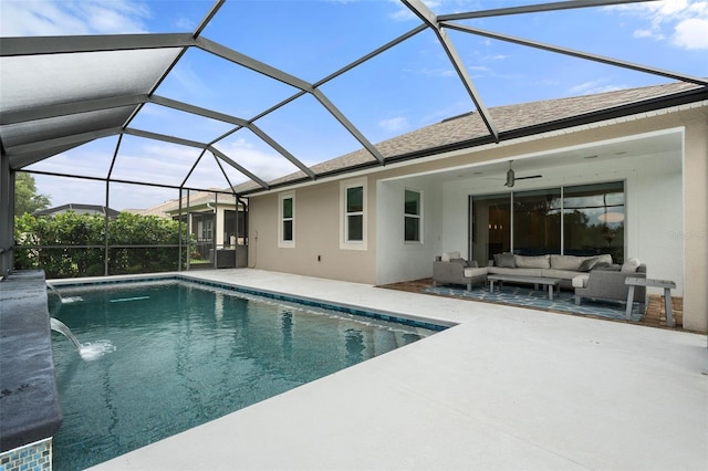 5240 Bentgrass Way, Bradenton, FL 34211 - outdoor pool with an outdoor living space, a patio, ceiling fan, and a lanai